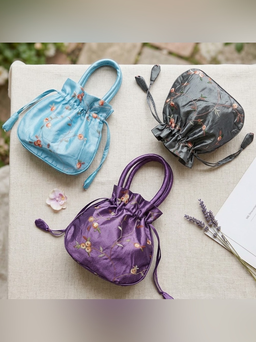 NWT Floral Embroidered Satin Drawstring Mini Bucket Top Handle Tote (3 colors)